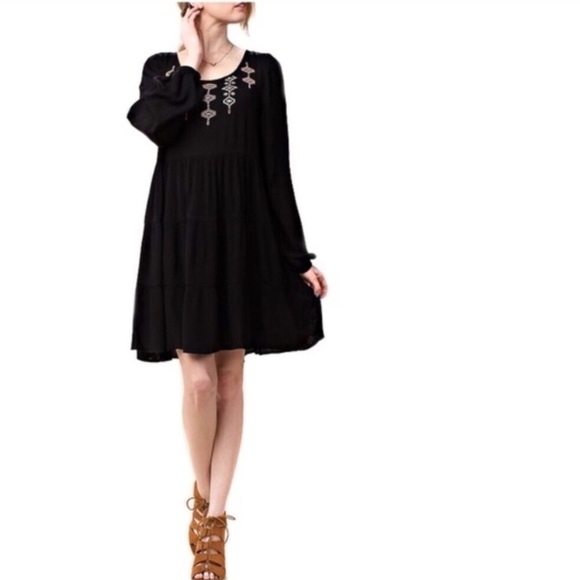 dottie + chloe Dresses & Skirts - BOHO EMBROIDERED LONG SLEEVE SWING DRESS
